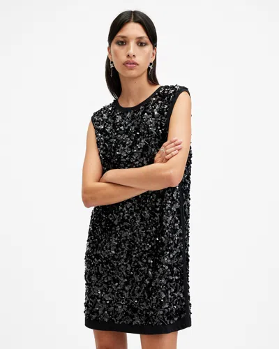 Allsaints Ilia Embellished Relaxed Fit Mini Dress In Black