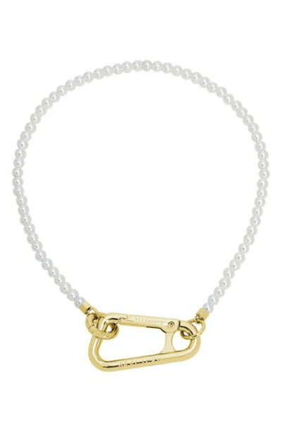 Allsaints Imitation Pearl Carabiner Collar Necklace In Gold/white