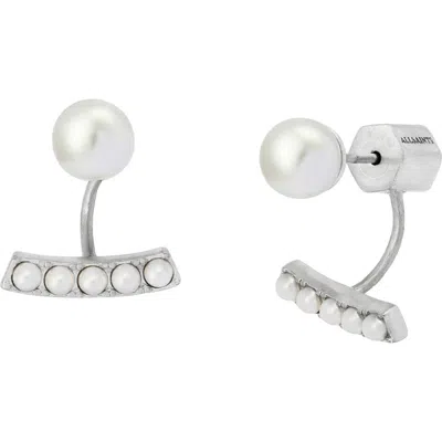 Allsaints Imitation Pearl Front/back Earrings In Silver