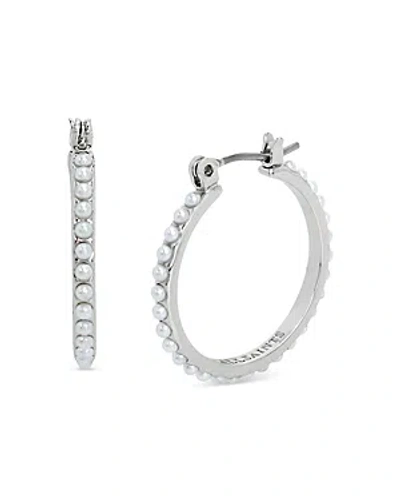 Allsaints Imitation Pearl Hoop Earrings In White/silver