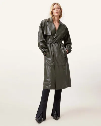 Allsaints Inez Leather Long Trench Coat In Khaki Green