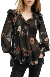 Allsaints Iryna Frill Printed Sheer Top In Unity Black