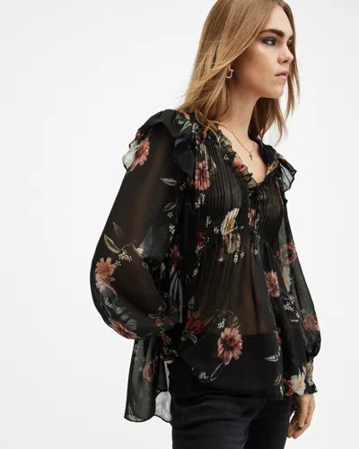 Allsaints Iryna Frill Printed Sheer Top In Unity Black