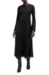 Allsaints Jada Animal Print Long Sleeve Silk Midi Dress In Black