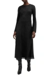 Allsaints Jada Animal Print Long Sleeve Silk Midi Dress In Black