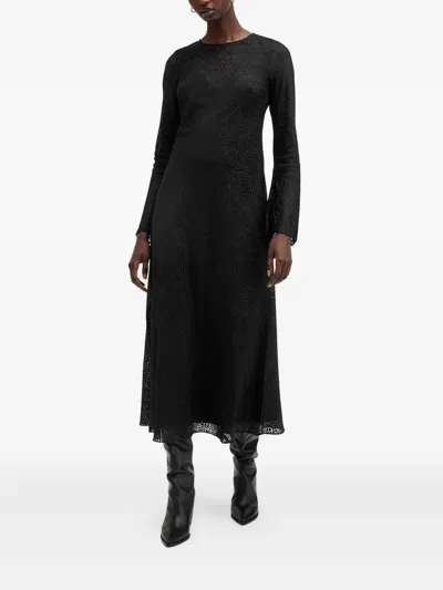 Allsaints Jada Textured Flared Midi Dress In Black
