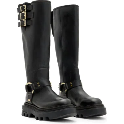 Allsaints Jade Knee High Lug Sole Boot In Black/warm Brass