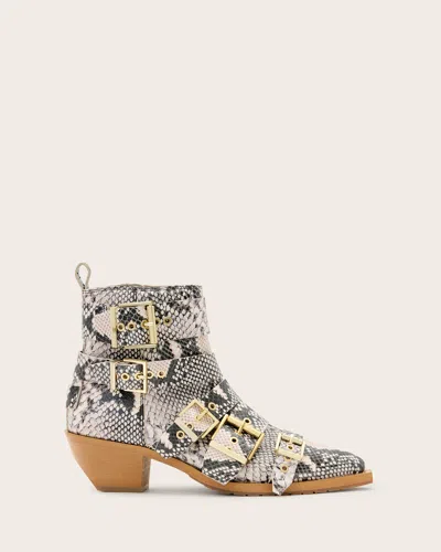 Allsaints Jane Buckle Pointed Leather Boots In Flow Ecru White
