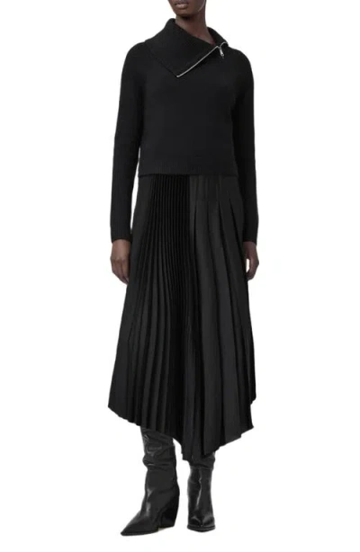 Allsaints Jax Sweater & Pleated Satin Dress Set In Black