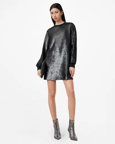 Allsaints Jaya Sequin Long Sleeve Shift Minidress In Black