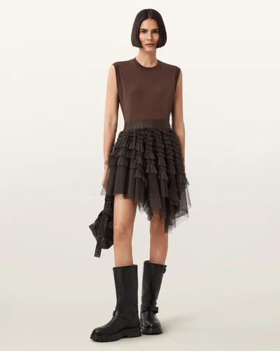 Allsaints Jayde Ruffled Tulle Mini Skirt In Brown