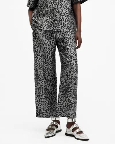 Allsaints Jemi Leopard Print Metallic Trousers In Silver Grey