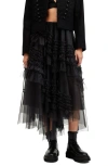 Allsaints Womens Black Jen Asymmetric-hem Tulle Midi Skirt In Black