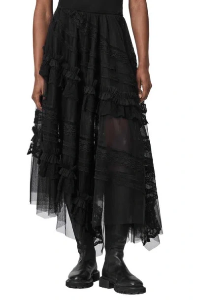 Allsaints Jen Ruffle Lace Midi Skirt In Black