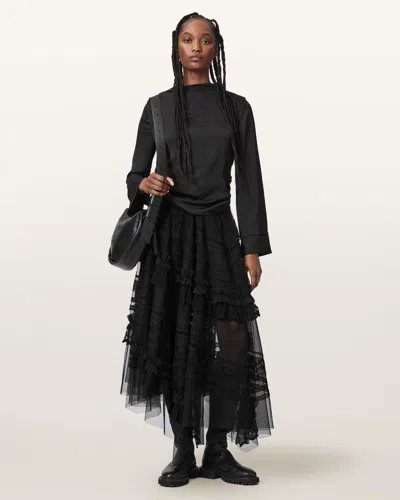 Allsaints Jen Tiered Lace Textile Midi Skirt In Black