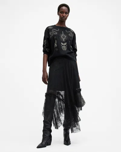 Allsaints Jose Tiered Lace Midi Skirt In Black