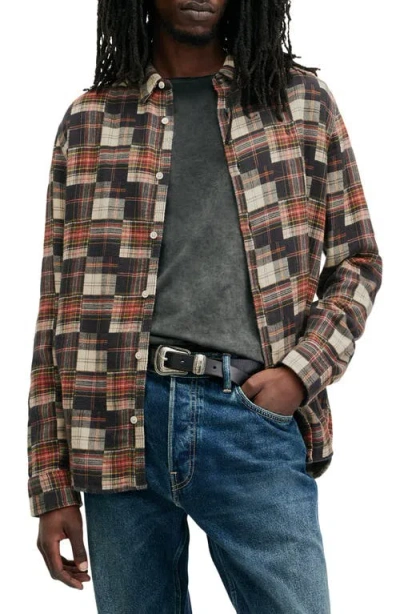 Allsaints Jude Patchwork Plaid Flannel Button-up Shirt In Brown
