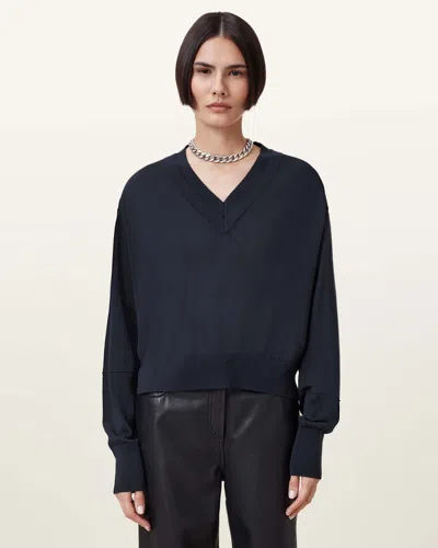 Allsaints Julieana V Neck Wool Jumper In Ink Blue