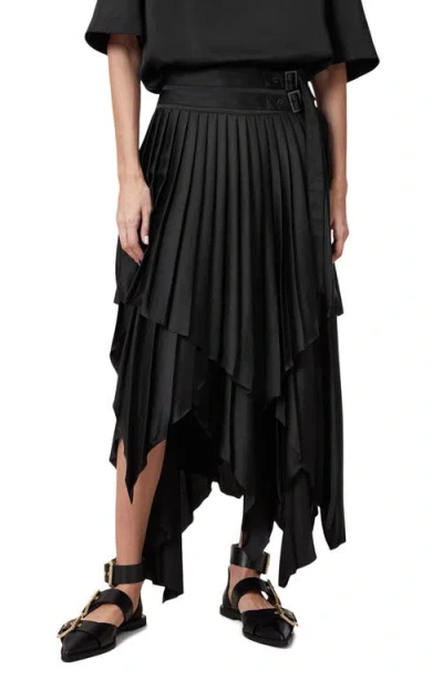 Allsaints Womens Black Kat Pleated Asymmetric-hem Satin Midi Skirt