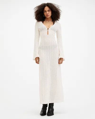 Allsaints Karma Crochet Slim Fit Maxi Dress In Chalk White