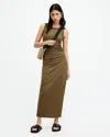 Allsaints Womens Olive Green Katarina Side-ruched Slim-fit Cotton Maxi Dress In Olive Green
