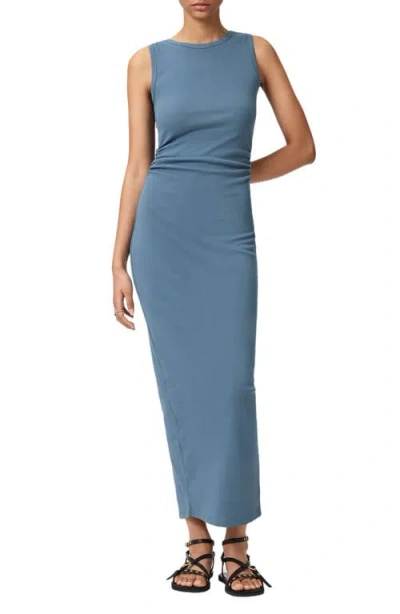 Allsaints Womens Captain Blue Katarina Side-ruched Slim-fit Cotton Maxi Dress