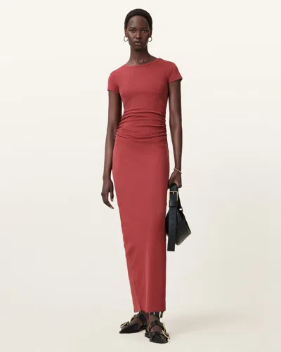 Allsaints Womens Burnt Brick Re Katarina Slim-fit Stretch Organic-cotton Maxi Dress In Red