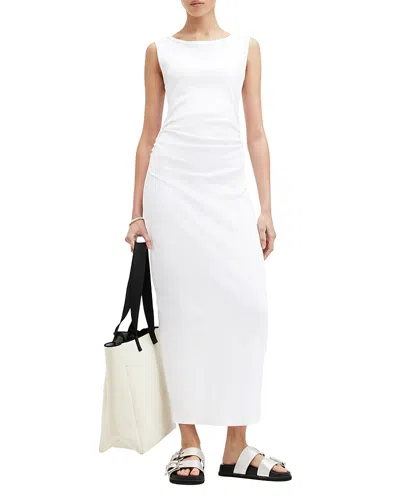 Allsaints Womens Optic White Katarina Side-ruched Slim-fit Cotton Maxi Dress
