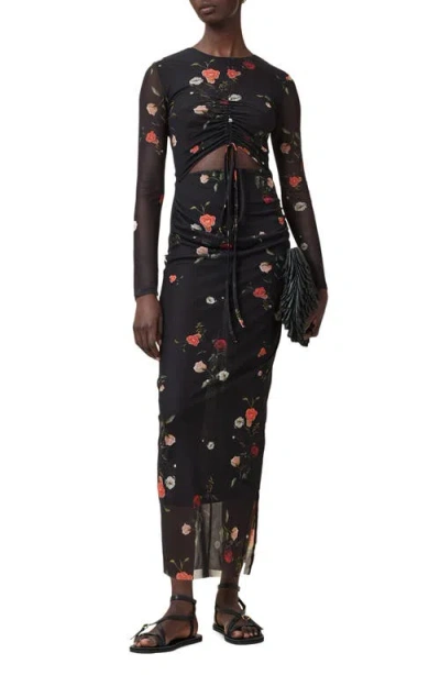 Allsaints Kathy Floral-print Long-sleeve Maxi Dress In Black
