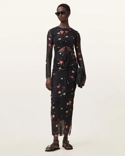 Allsaints Kathy Print Mesh Maxi Dress In Briar Black