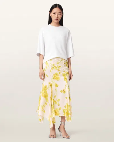 Allsaints Kathy Satin Floral Midi Skirt In Yellow