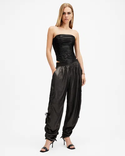 Allsaints Kaye Relaxed Fit Drawcord Trousers In Metallic Black