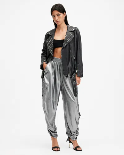 Allsaints Kaye Straight Fit Drawcord Trousers In Metallic Grey