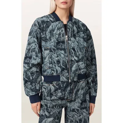 Allsaints Kaytra Horse Print Denim Bomber Jacket In Gray