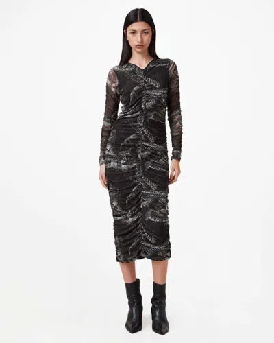 Allsaints Keiko Mesh Gathered V-neck Midi Dress In Evolve Slate Grey