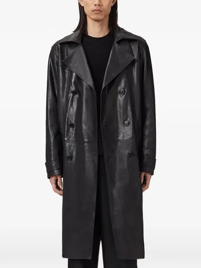 Allsaints Kellett Leather Trench Coat In Black