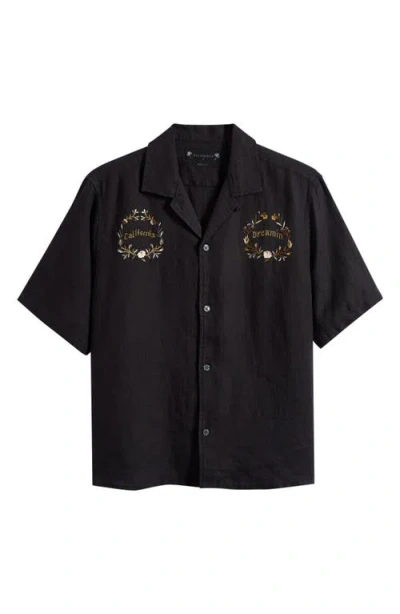 Allsaints Klavicle California Dreamin' Embroidered Linen Camp Shirt In Black