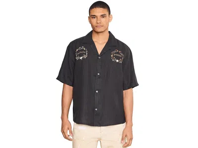 Allsaints Mens Jet Black Klavicle Embroidered Short-sleeve Linen Shirt