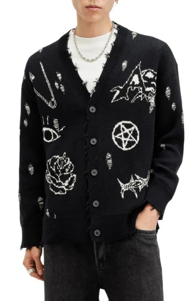 Allsaints Koto Gothic Distressed Graphic Cardigan In Black