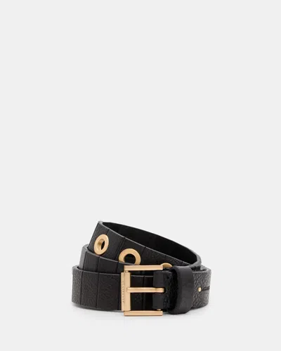 Allsaints Kylin Leather Skinny Eyelet Belt In Black/warm Brass