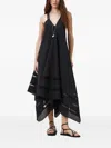 Allsaints Womens Lil Embroidered-trim Asymmetric-hem Cotton Maxi Dress Black In Black