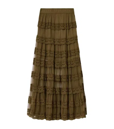 Allsaints Lace Tiered Maggie Maxi Skirt In Burgundy
