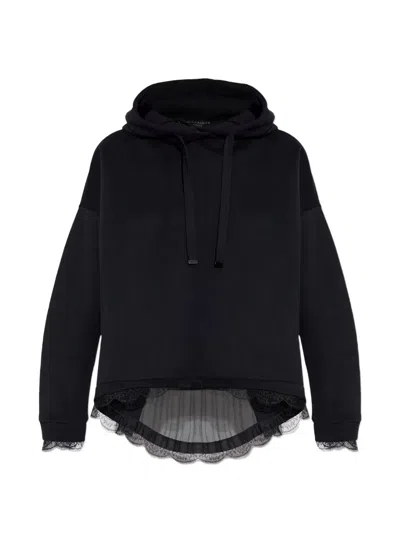 Allsaints Womens Black Nia Lace-trim Cotton-blend Hoody