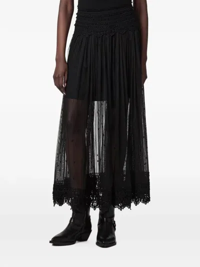 Allsaints Lace-trim Embroidered-mesh Skirt In Black