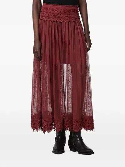 Allsaints Lace-trim Mesh Midi Skirt In Burgundy