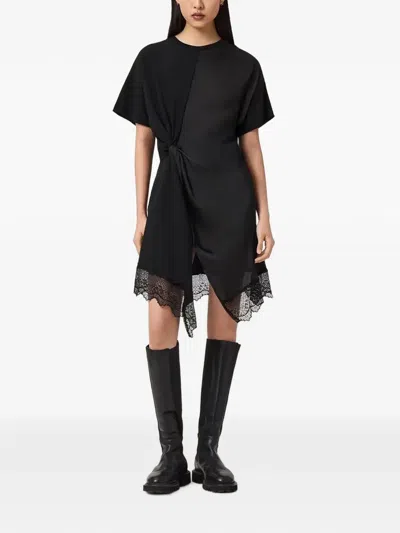 Allsaints Lana Draped Lace-trim Dress In Black
