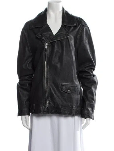 Pre-owned Allsaints Lamb Leather Biker Jacket In Blue