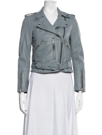 Pre-owned Allsaints Lamb Leather Biker Jacket In Blue