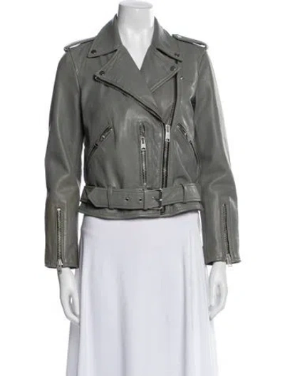 Pre-owned Allsaints Lamb Leather Biker Jacket In Gray