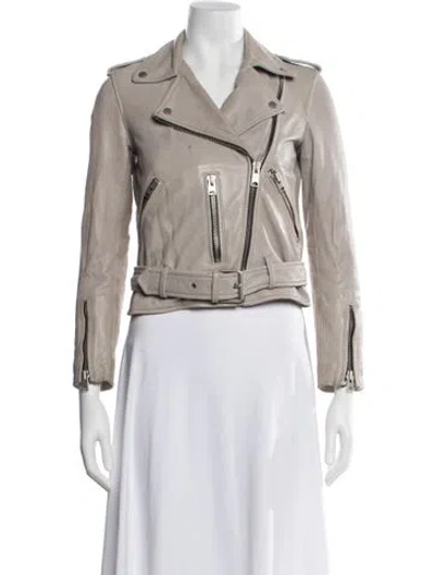 Pre-owned Allsaints Lamb Leather Biker Jacket In Gray
